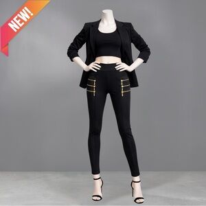 Women's Black High-Waist Slim Pants with Gold Zipper Detail